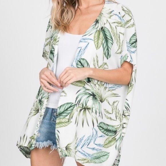 7th Ray Tops - Kimono beach cover up leaf print